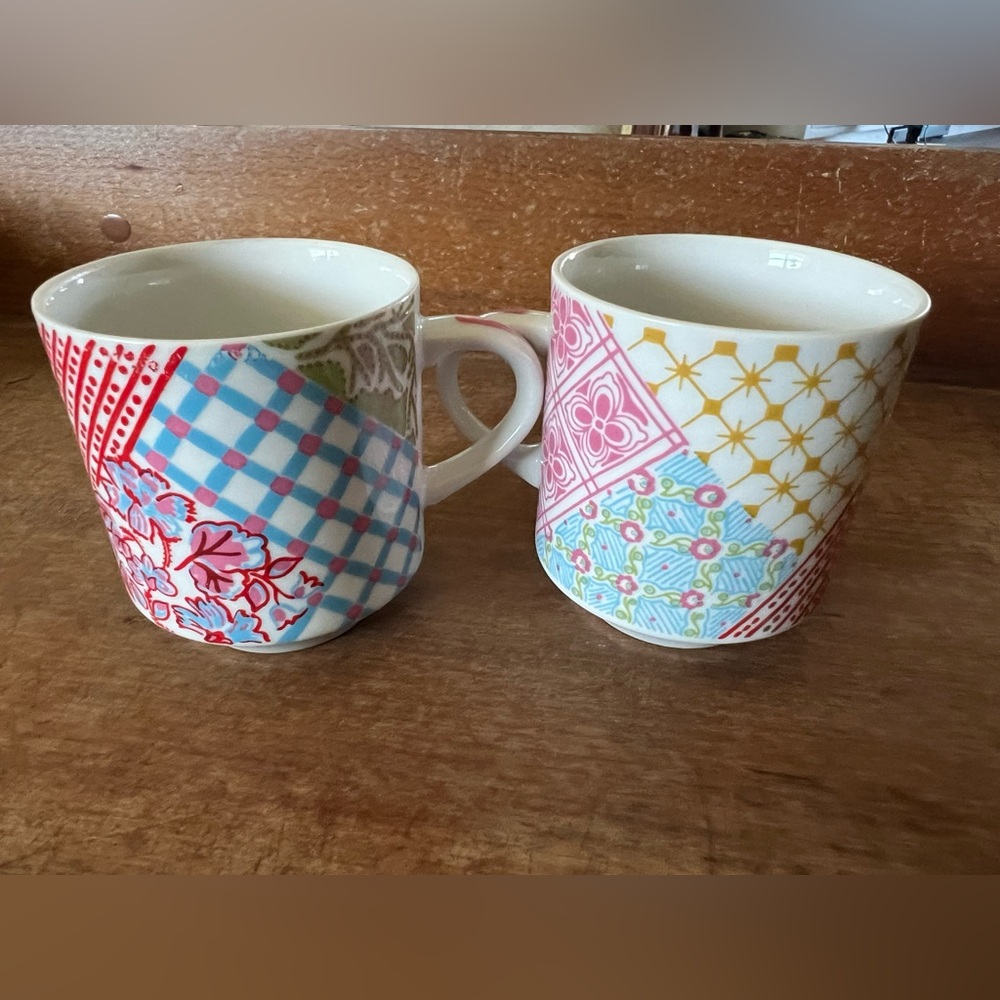 Set of 10 Patchwork Quilt Mugs Cups.  1970s.  Stackable.
